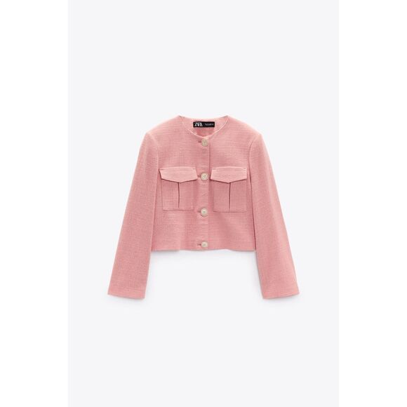 Zara Jackets & Blazers - Pink Zara Textured Weave Button Front Cropped Long Sleeve Jacket (NWT)